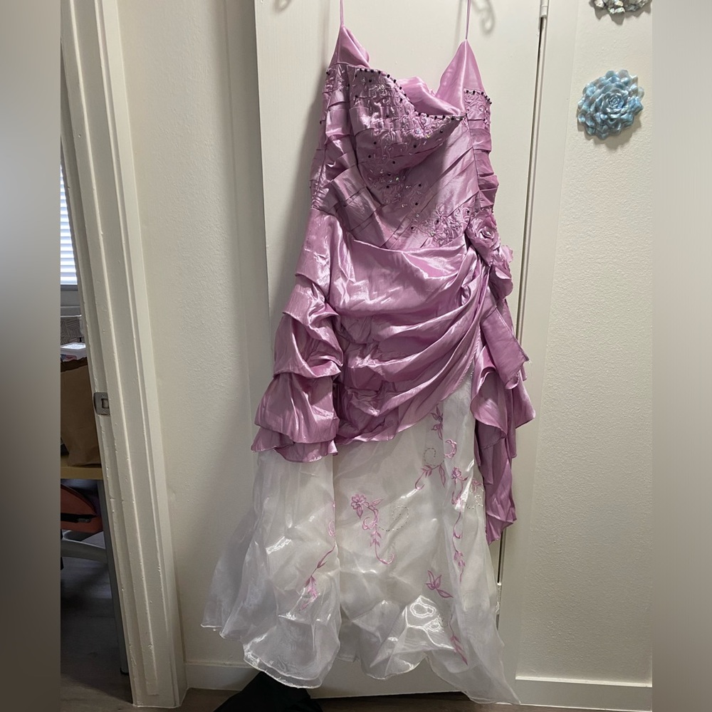 Lavenderand white floor length ball gown